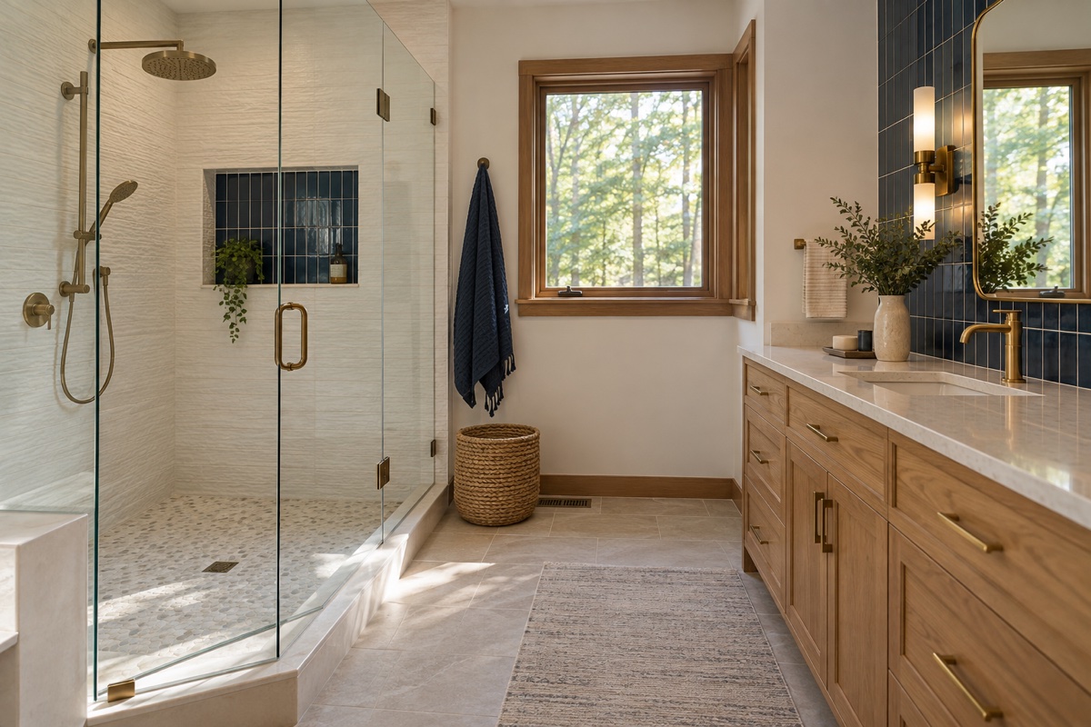 Bathroom with oak vanity, navy tile, and a glass shower