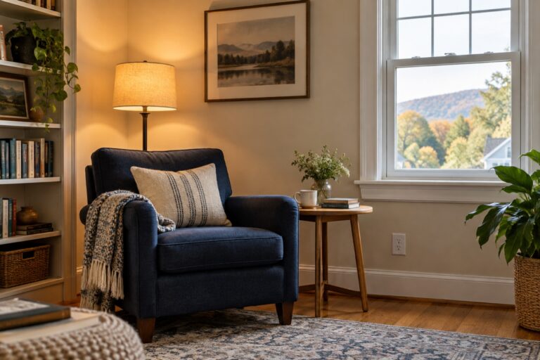 Reading corner with a floor lamp beside a blue armchair