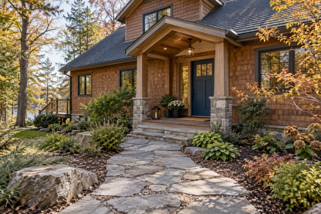 Stone walkway leading to a wooded home with a covered entrance
