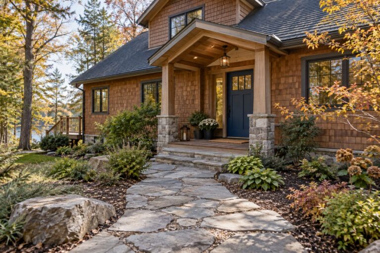 Stone walkway leading to a wooded home with a covered entrance