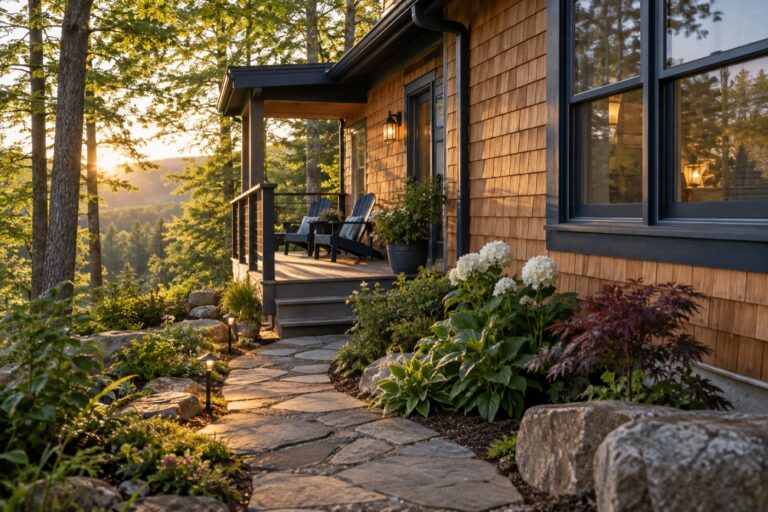 Wooded property with stone steps and a covered porch