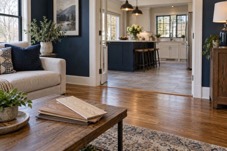 Wood flooring connecting a living room and kitchen