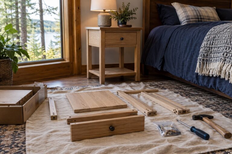 Furniture parts and assembly tools arranged in a bedroom