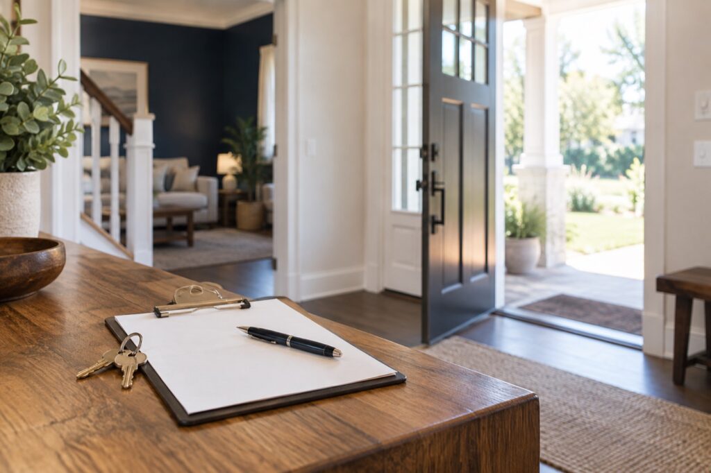 Repair checklist on a table beside an open front door
