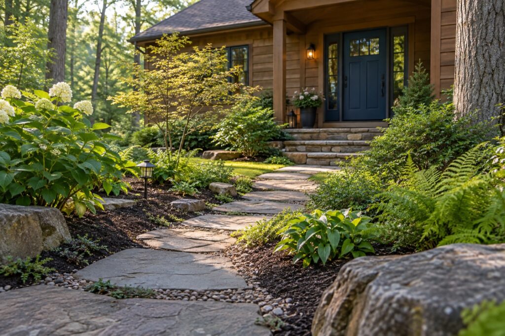 Landscaped stone path surrounded by ferns and shrubs