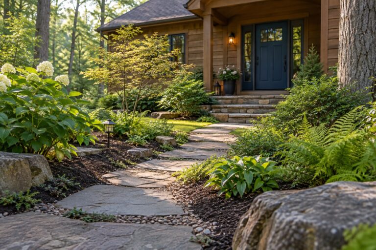 Landscaped stone path surrounded by ferns and shrubs
