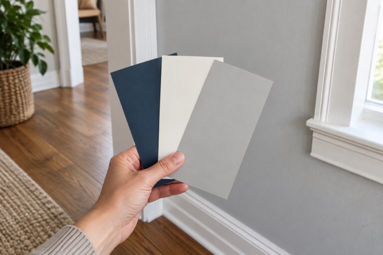 Paint color samples held beside a sunlit interior wall