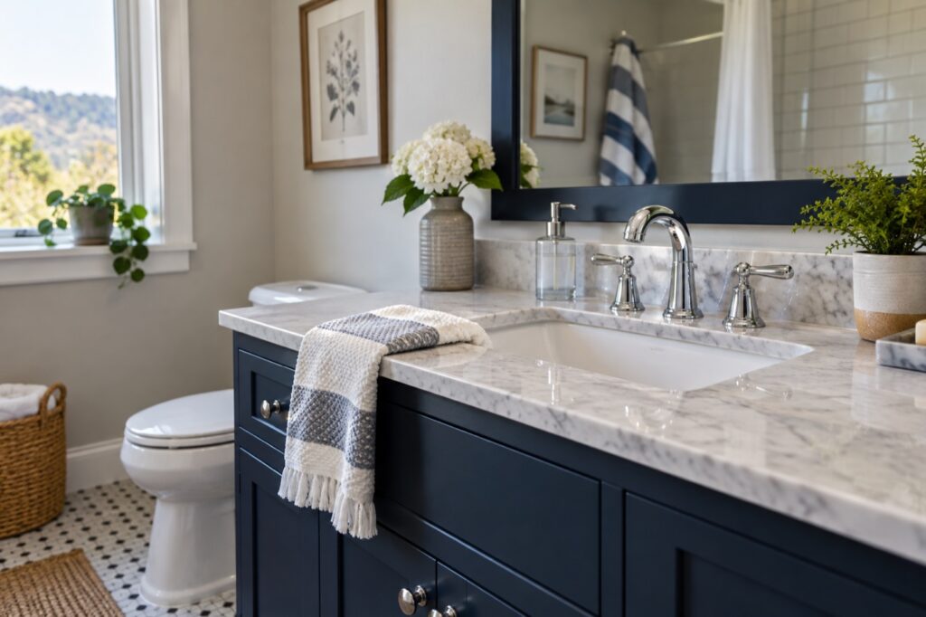 Bathroom sink with chrome fixtures and a navy vanity