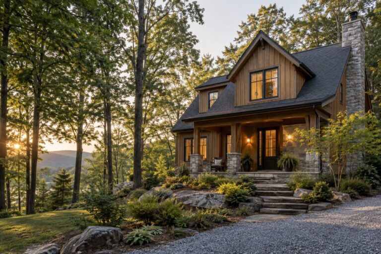 Wooded vacation home with a welcoming illuminated entrance