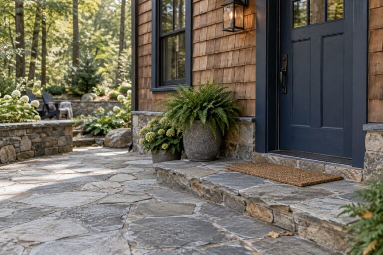 Stone patio and front steps outside a wooded home