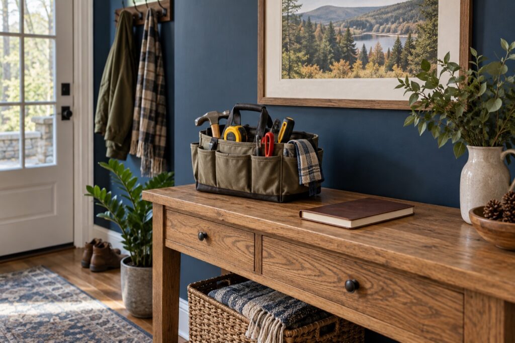 Home repair tools and a notebook on an entryway console