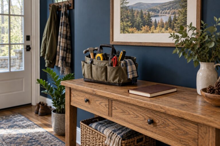 Home repair tools and a notebook on an entryway console