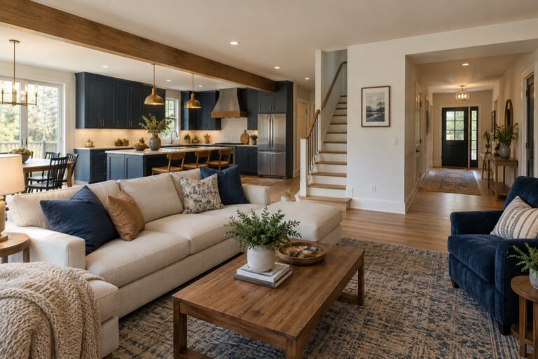 Connected living and kitchen spaces with wood flooring