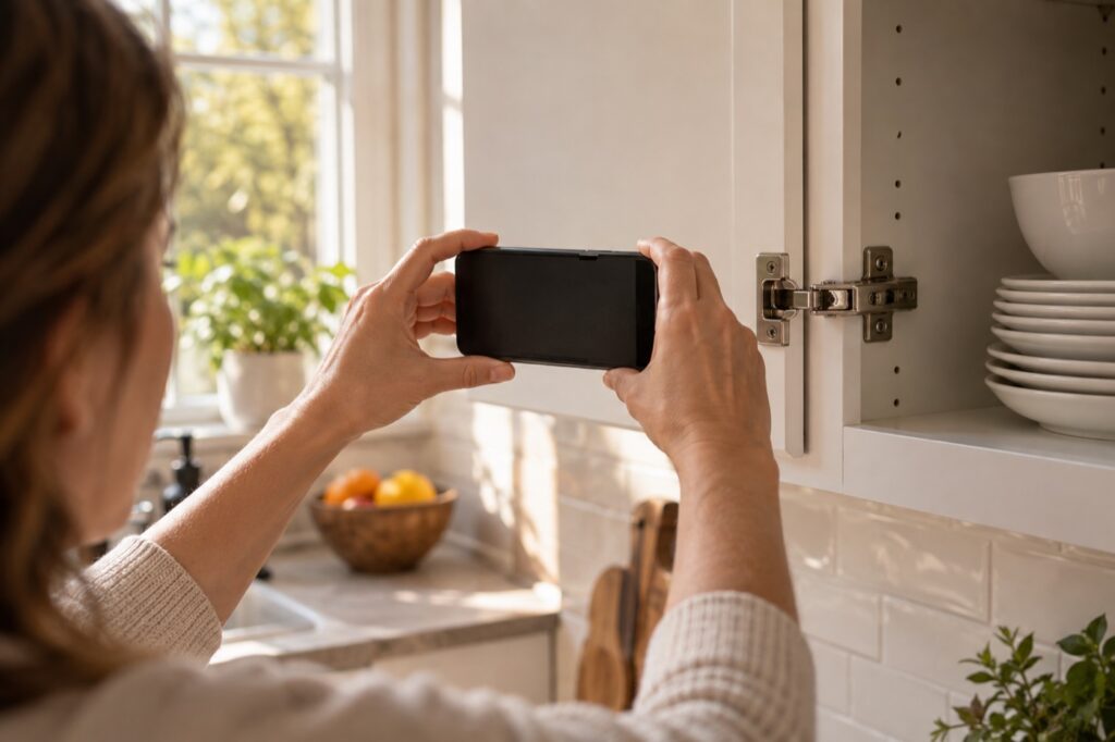 Homeowner photographing a kitchen cabinet hinge for a repair request