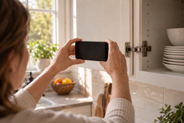 Homeowner photographing a kitchen cabinet hinge for a repair request