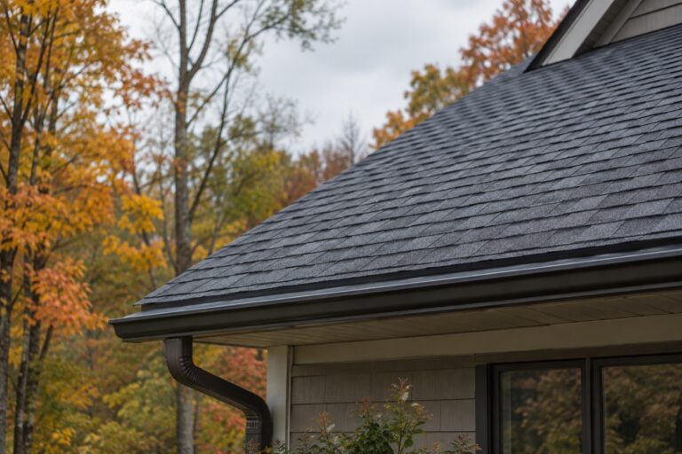 Shingle roof and gutter on a home surrounded by autumn trees