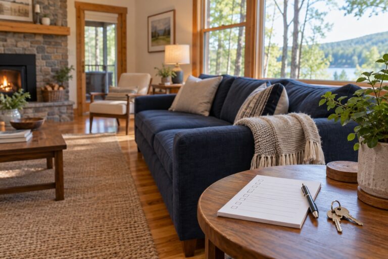 Vacation home living room with a notebook and property keys