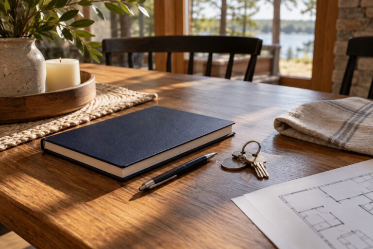 Property notebook and keys on a vacation home dining table